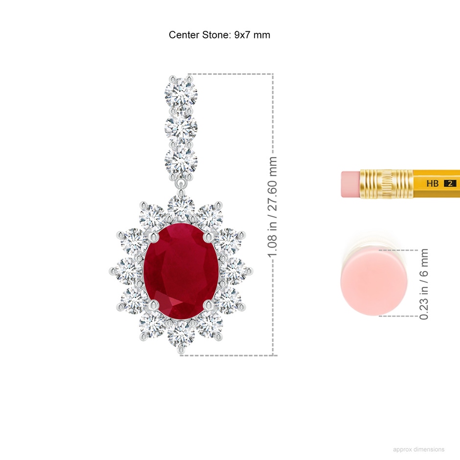 9x7mm AA Oval Ruby Floral Halo Dangle Earrings in P950 Platinum ruler