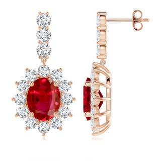 9x7mm AAA Oval Ruby Floral Halo Dangle Earrings in 18K Rose Gold