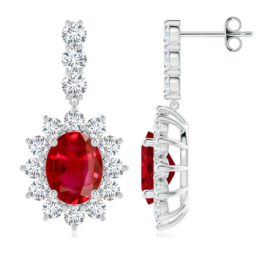 9x7mm AAA Oval Ruby Floral Halo Dangle Earrings in P950 Platinum 