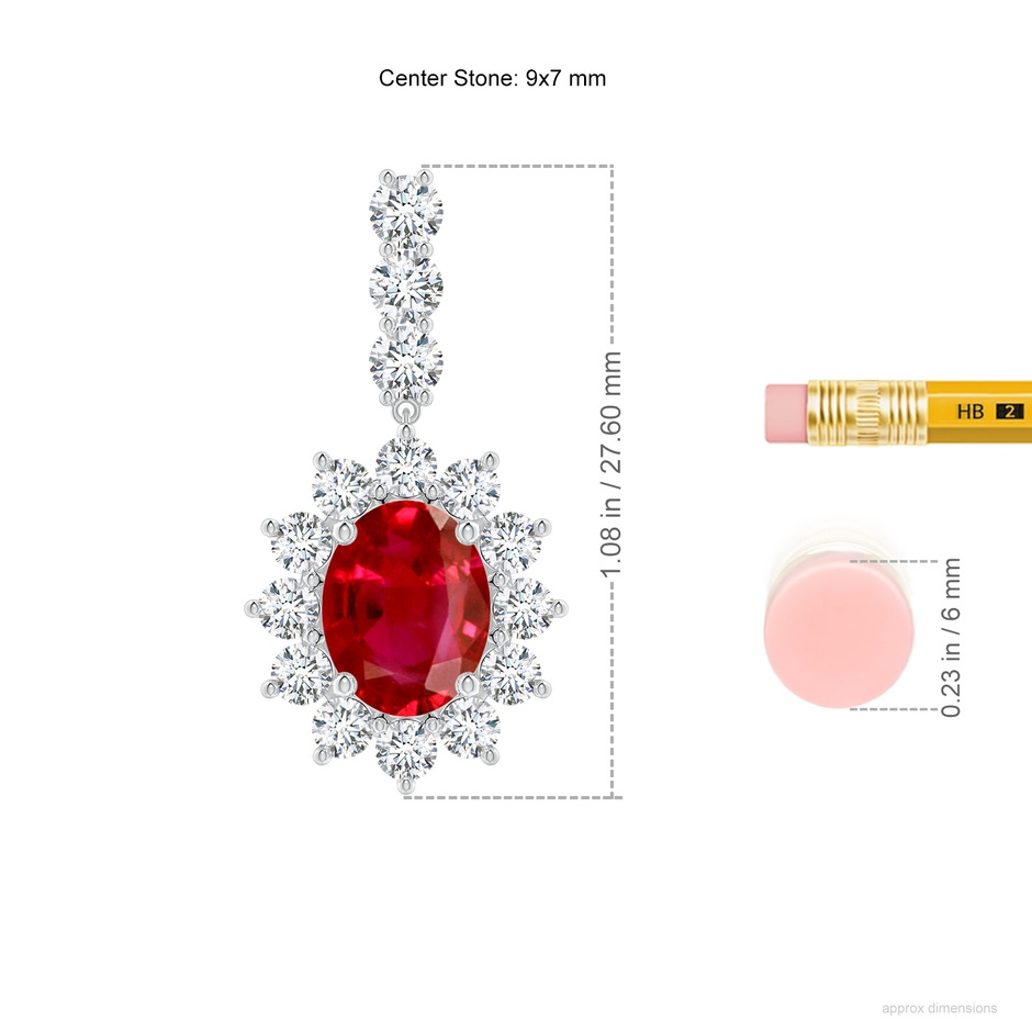 9x7mm AAA Oval Ruby Floral Halo Dangle Earrings in P950 Platinum ruler