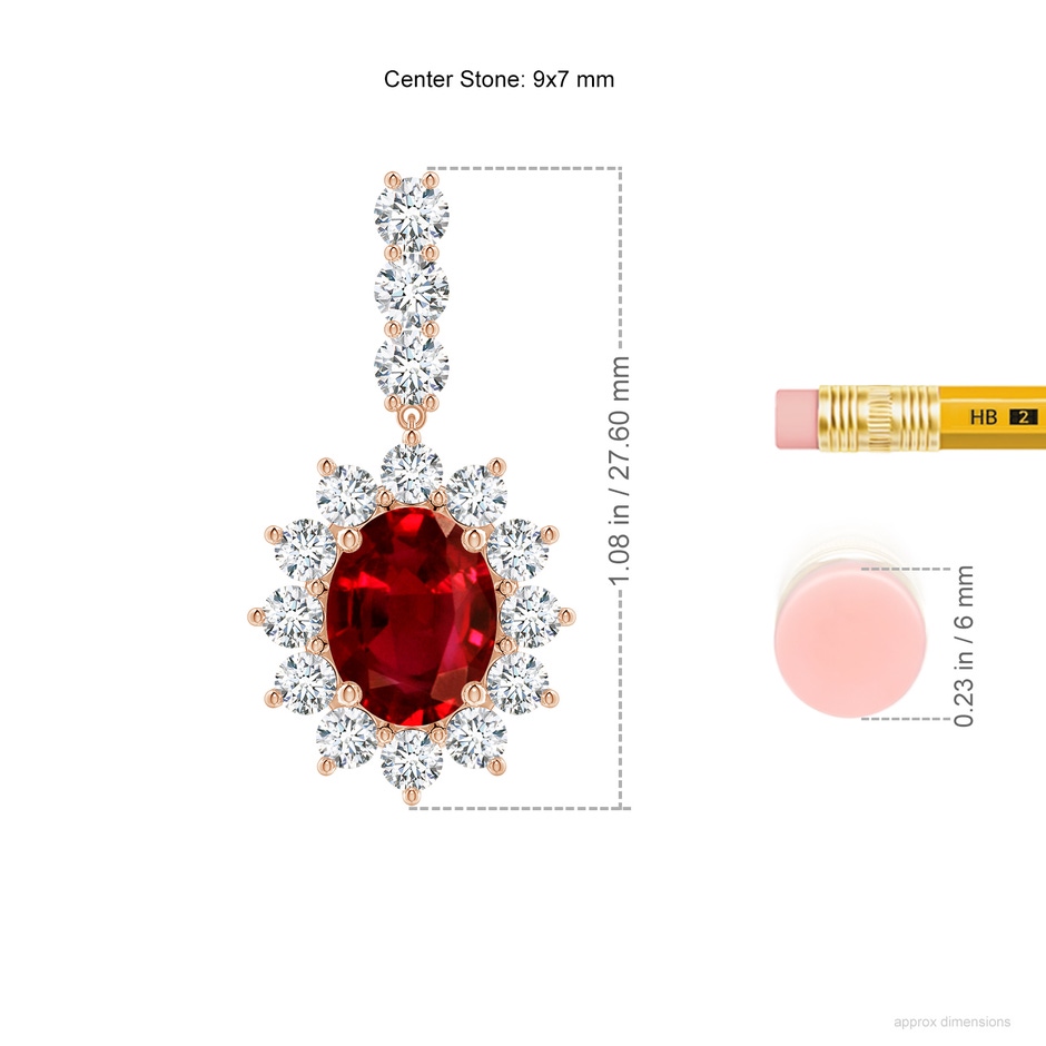 9x7mm AAAA Oval Ruby Floral Halo Dangle Earrings in Rose Gold ruler