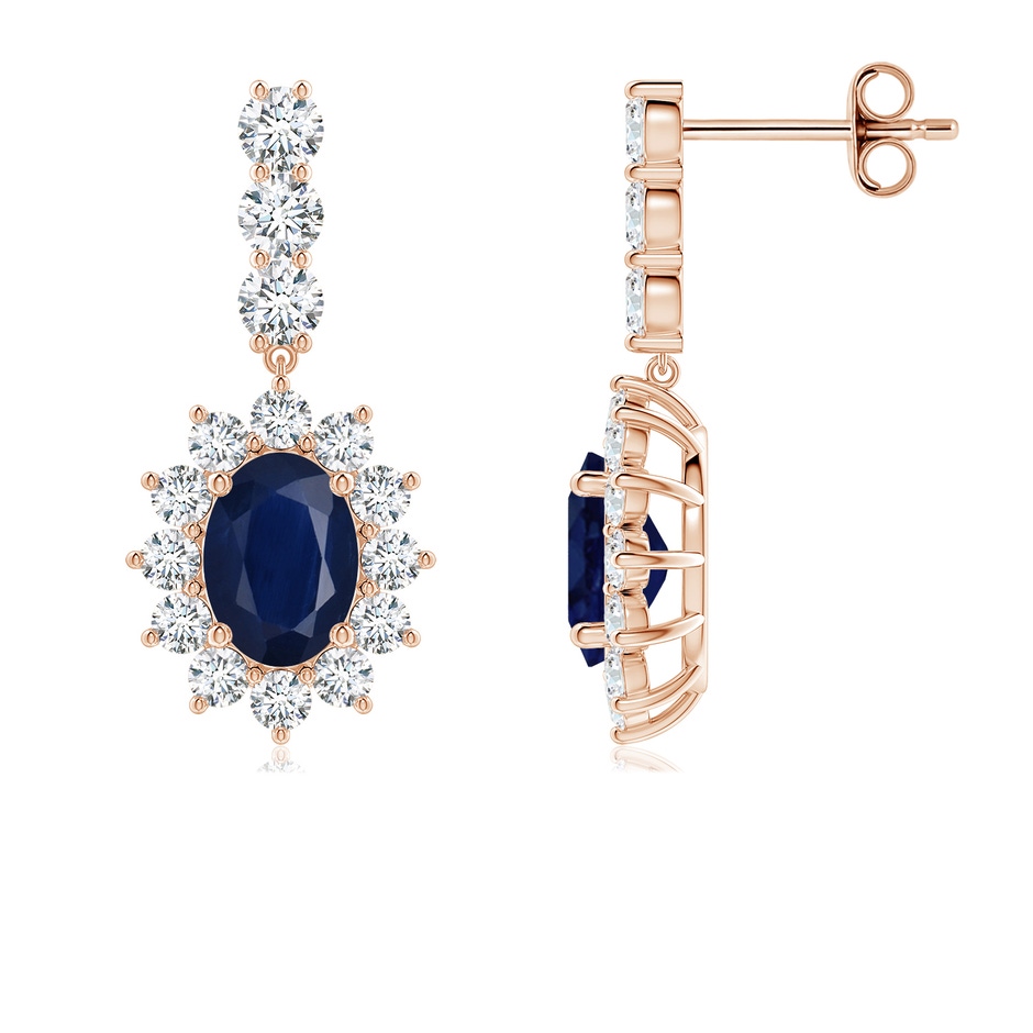 7x5mm A Oval Blue Sapphire Floral Halo Dangle Earrings in Rose Gold 