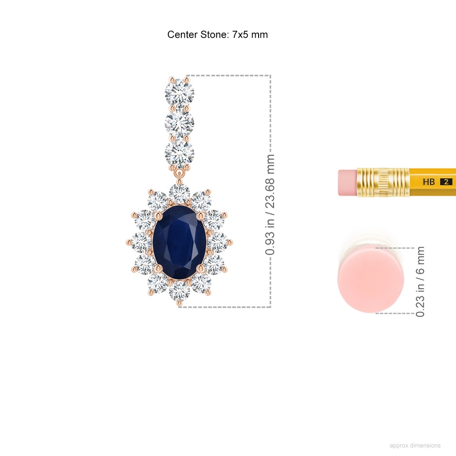 7x5mm A Oval Blue Sapphire Floral Halo Dangle Earrings in Rose Gold ruler