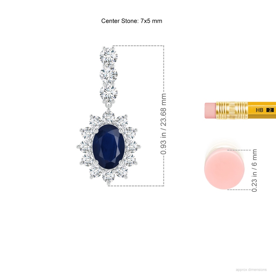 7x5mm A Oval Blue Sapphire Floral Halo Dangle Earrings in White Gold ruler