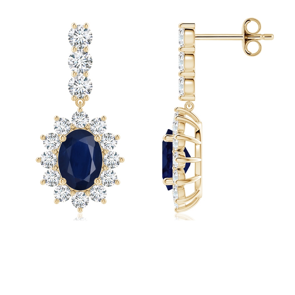 7x5mm A Oval Blue Sapphire Floral Halo Dangle Earrings in Yellow Gold 