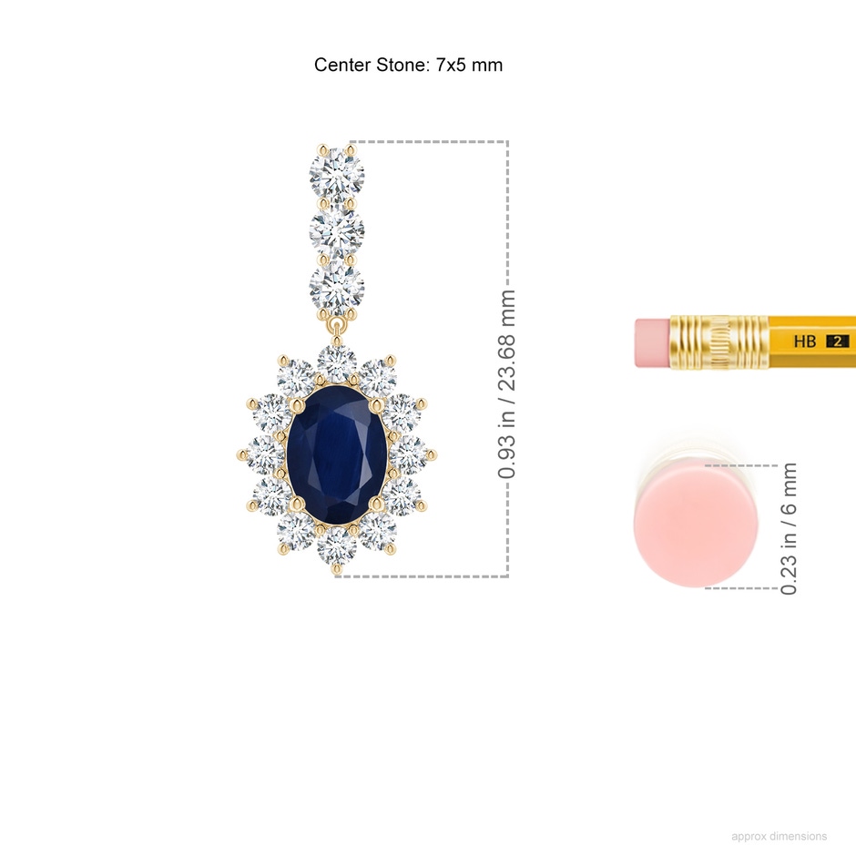 7x5mm A Oval Blue Sapphire Floral Halo Dangle Earrings in Yellow Gold ruler