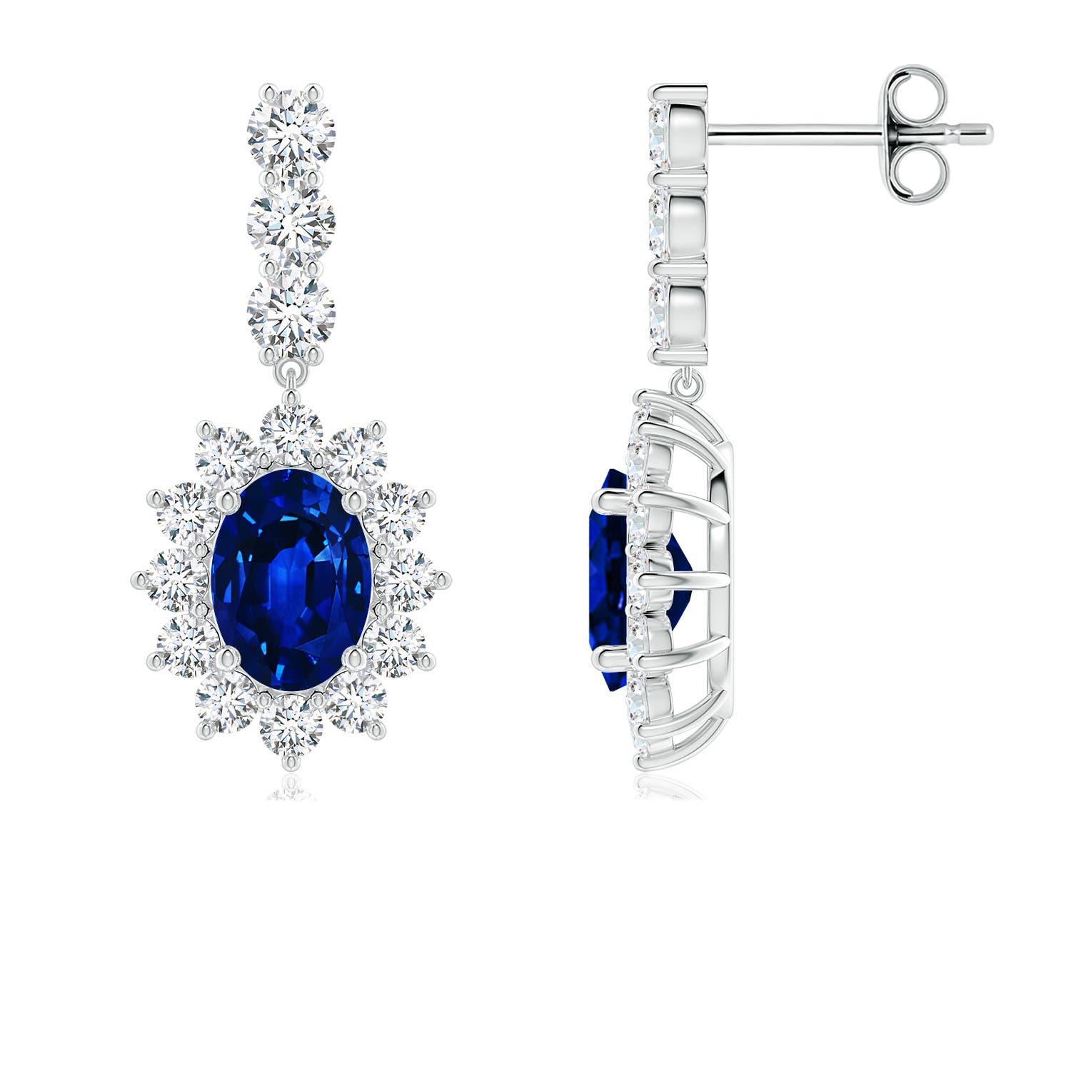7x5mm AAAA Oval Blue Sapphire Floral Halo Dangle Earrings in 18CT White Gold