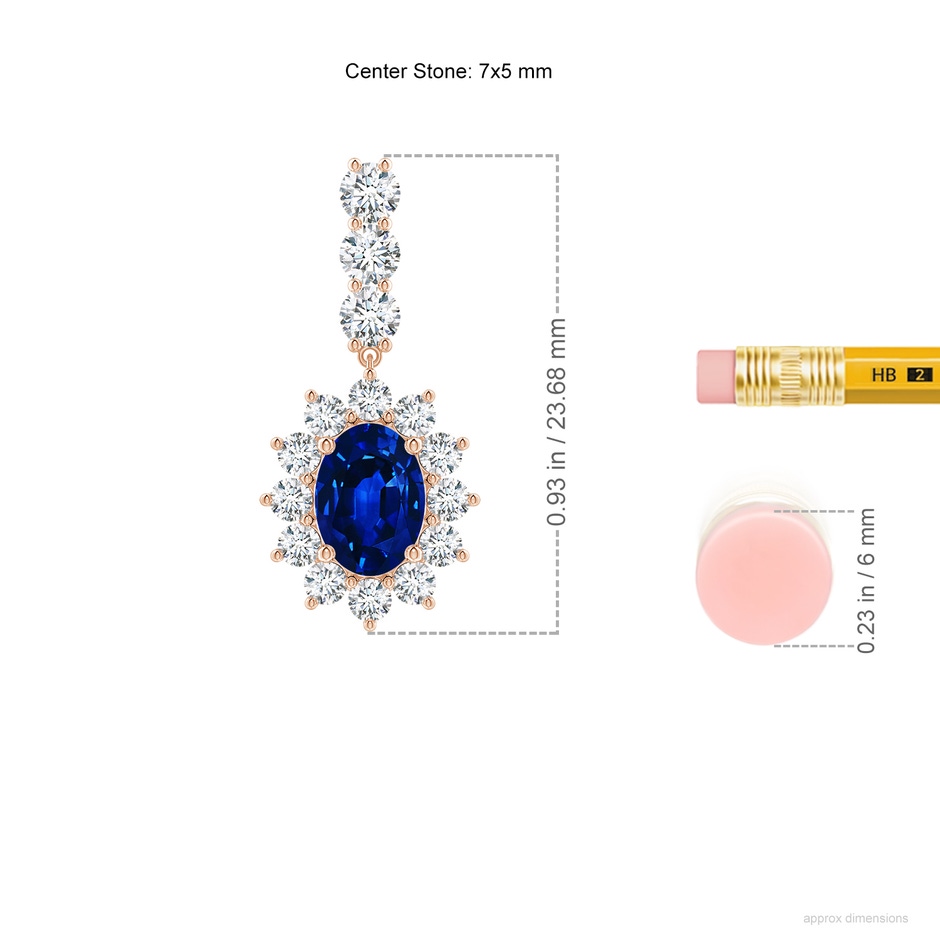7x5mm Lab-Grown Oval Blue Sapphire Floral Halo Dangle Earrings in 9K Rose Gold ruler
