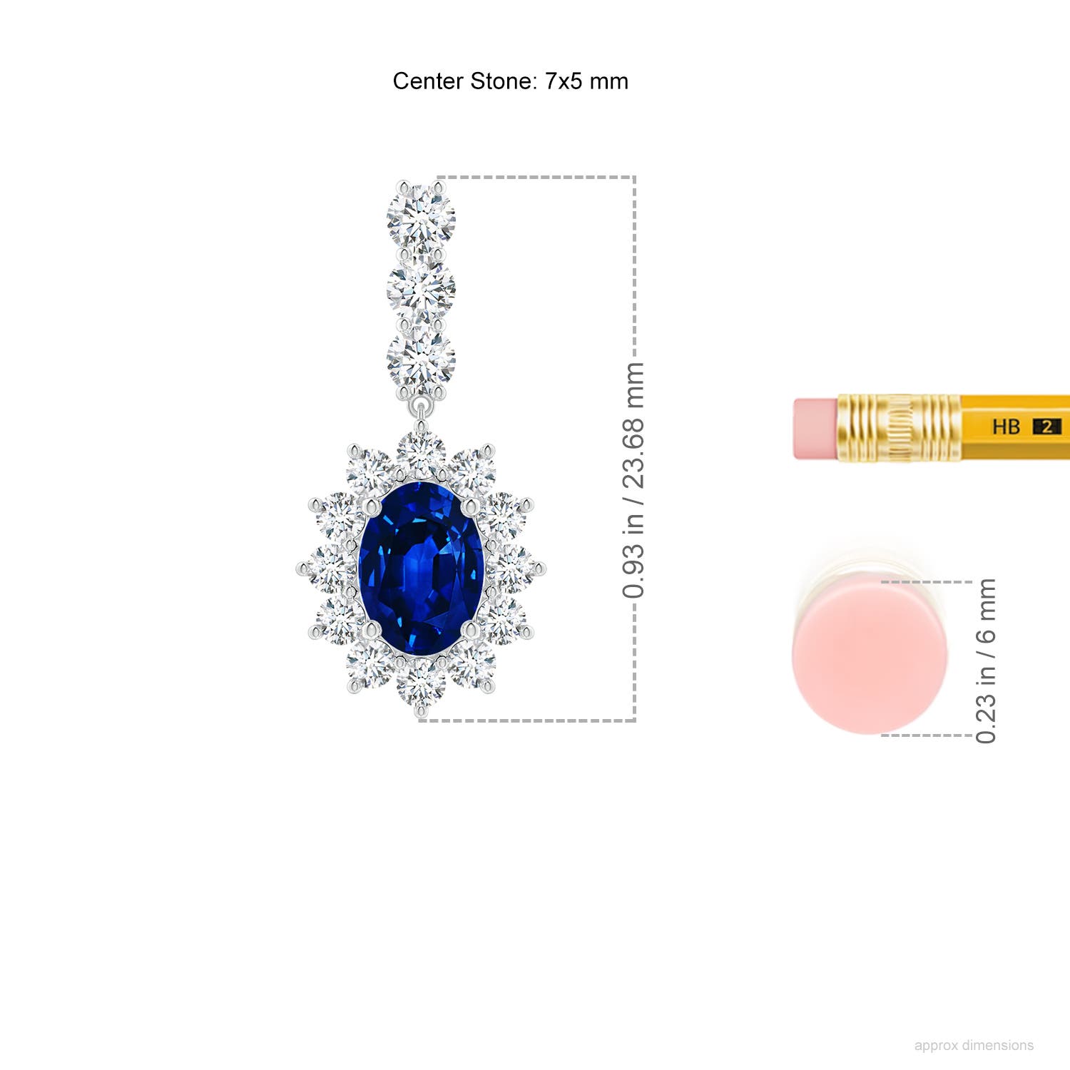 7x5mm AAAA Oval Blue Sapphire Floral Halo Dangle Earrings in White Gold - ruler