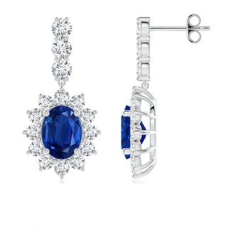 8x6mm AAA Oval Blue Sapphire Floral Halo Dangle Earrings in P950 Platinum