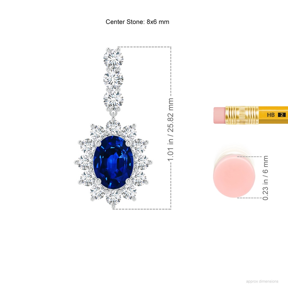8x6mm AAAA Oval Blue Sapphire Floral Halo Dangle Earrings in P950 Platinum ruler