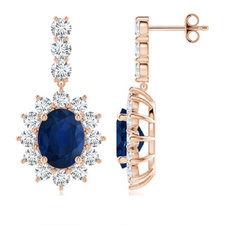 9x7mm AA Oval Blue Sapphire Floral Halo Dangle Earrings in 18K Rose Gold
