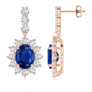 9x7mm AAA Oval Blue Sapphire Floral Halo Dangle Earrings in 9K Rose Gold