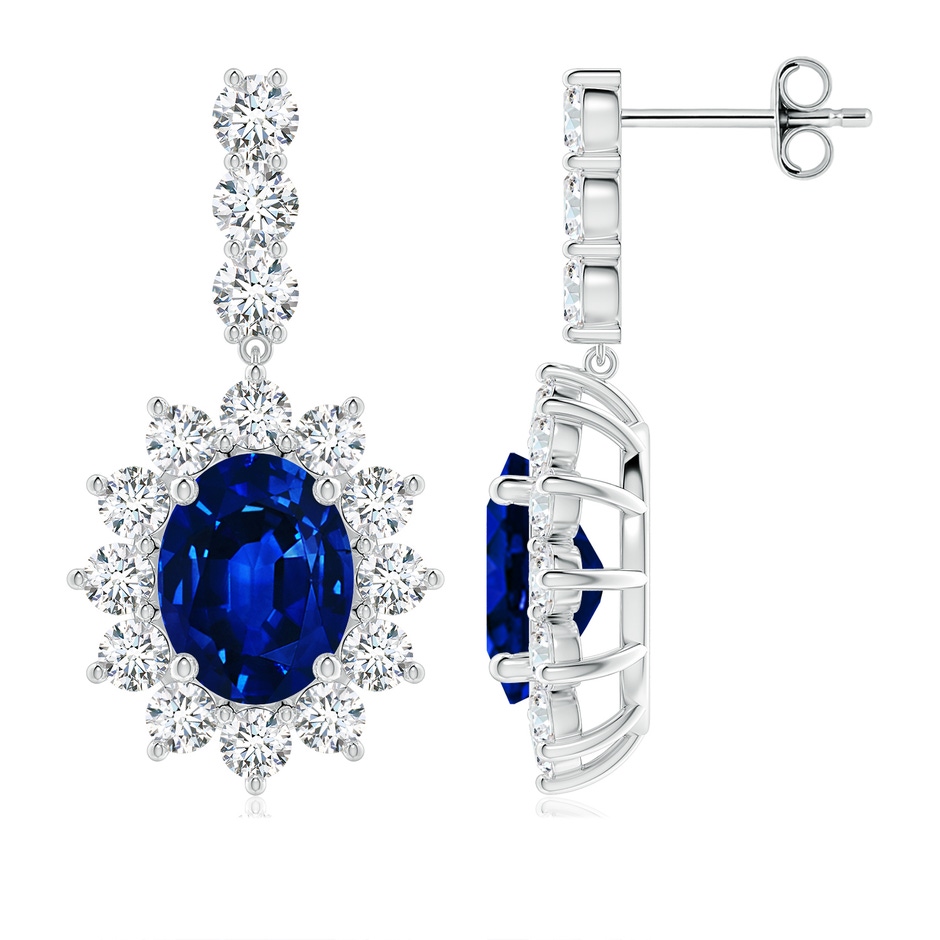 9x7mm Lab-Grown Oval Blue Sapphire Floral Halo Dangle Earrings in P950 Platinum 