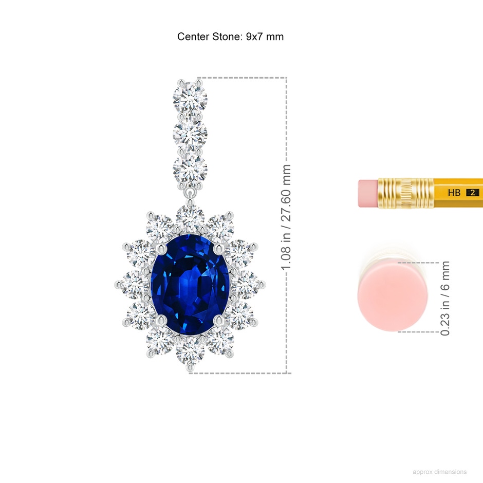 9x7mm Lab-Grown Oval Blue Sapphire Floral Halo Dangle Earrings in P950 Platinum ruler