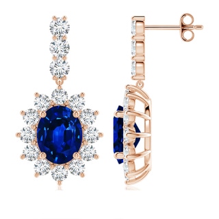 9x7mm AAAA Oval Blue Sapphire Floral Halo Dangle Earrings in Rose Gold