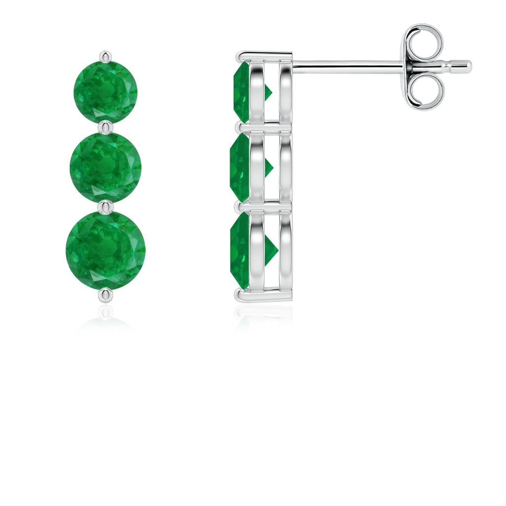 4mm AA Graduated Round Emerald Three Stone Earrings in White Gold