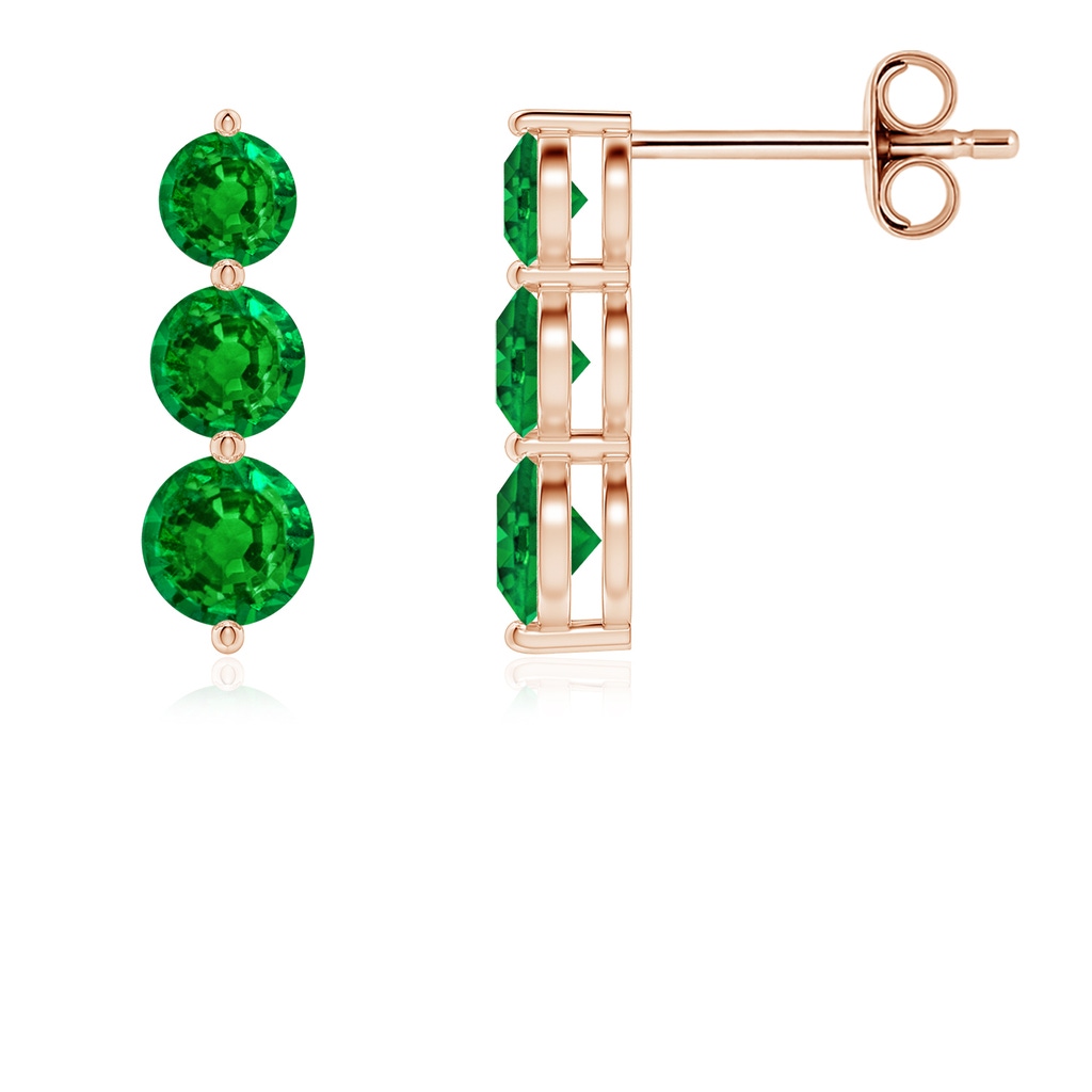 4mm AAAA Graduated Round Emerald Three Stone Earrings in Rose Gold