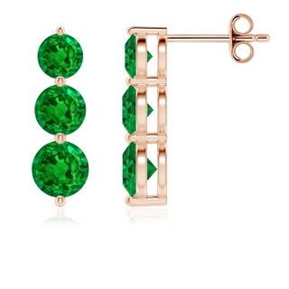 5mm AAAA Graduated Round Emerald Three Stone Earrings in Rose Gold