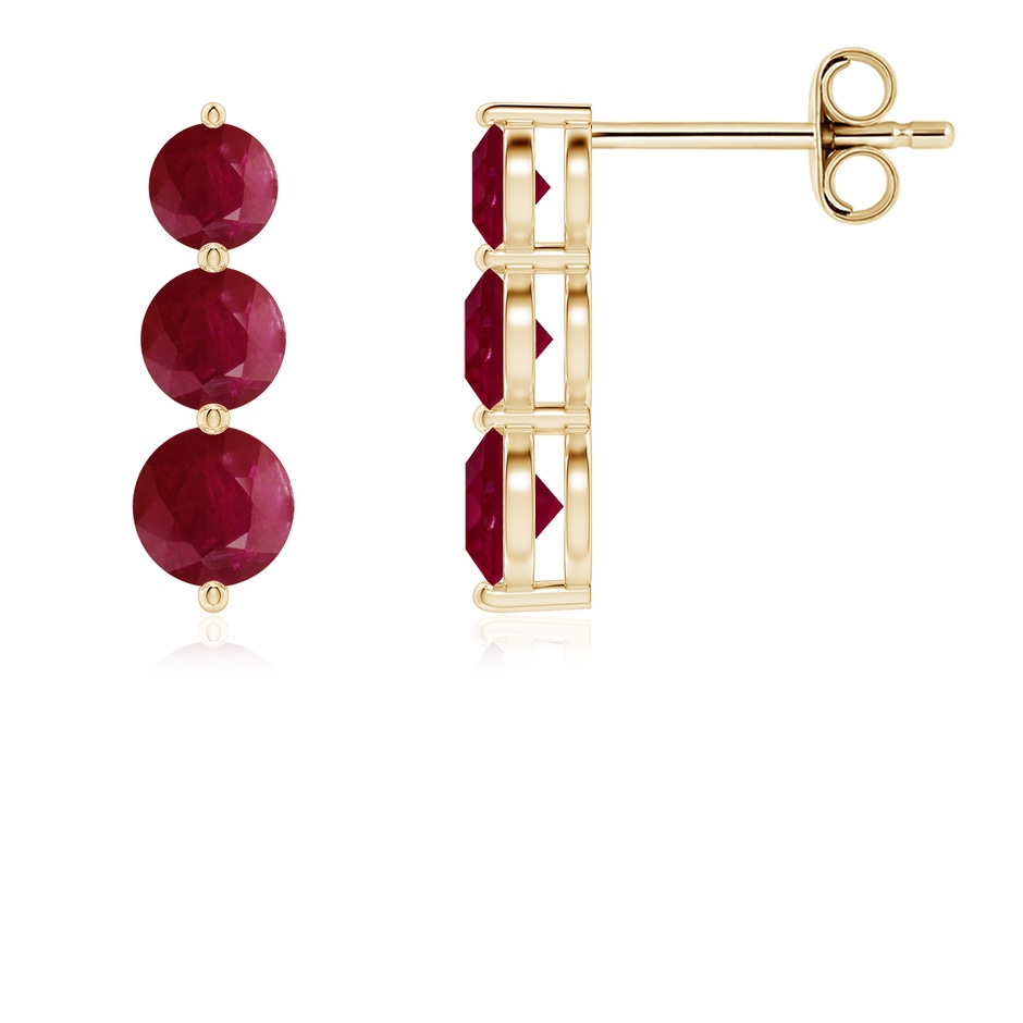 4mm A Graduated Round Ruby Three Stone Earrings in Yellow Gold 