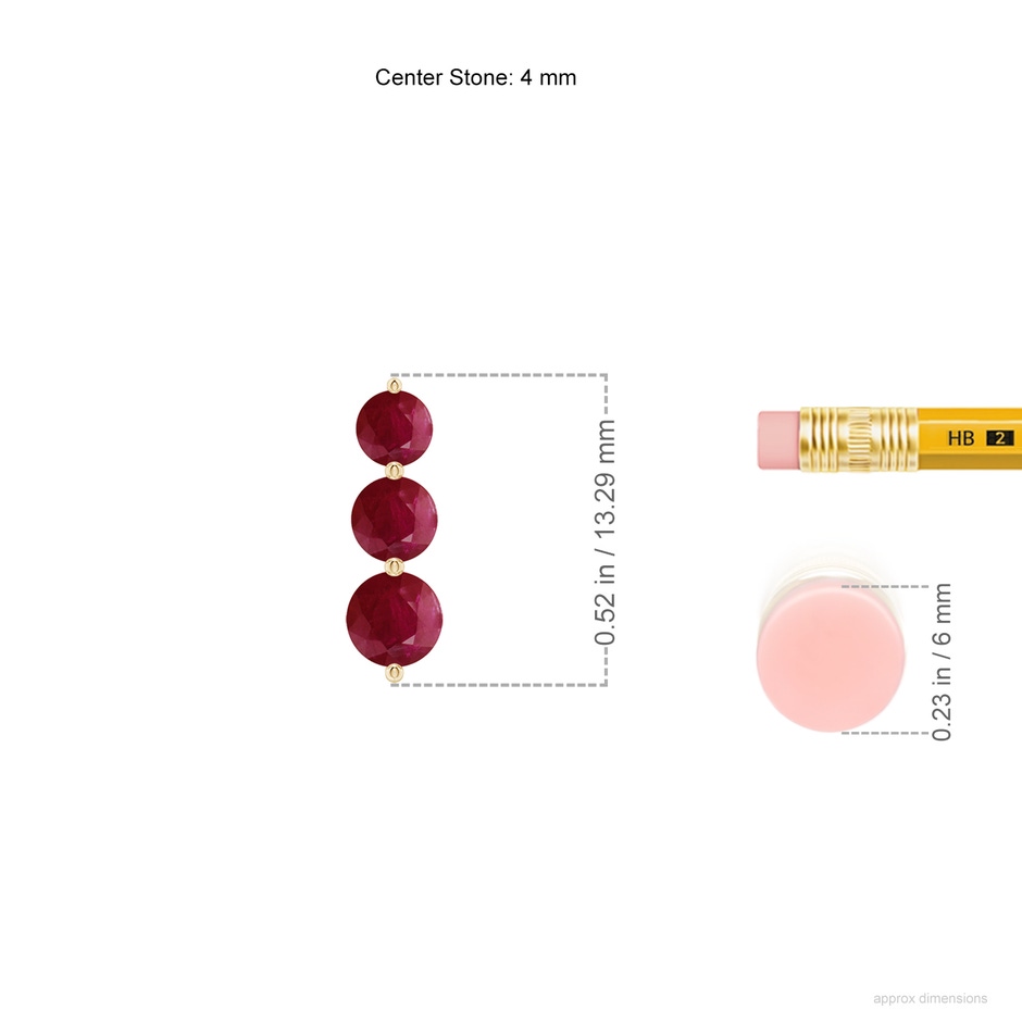 4mm A Graduated Round Ruby Three Stone Earrings in Yellow Gold ruler