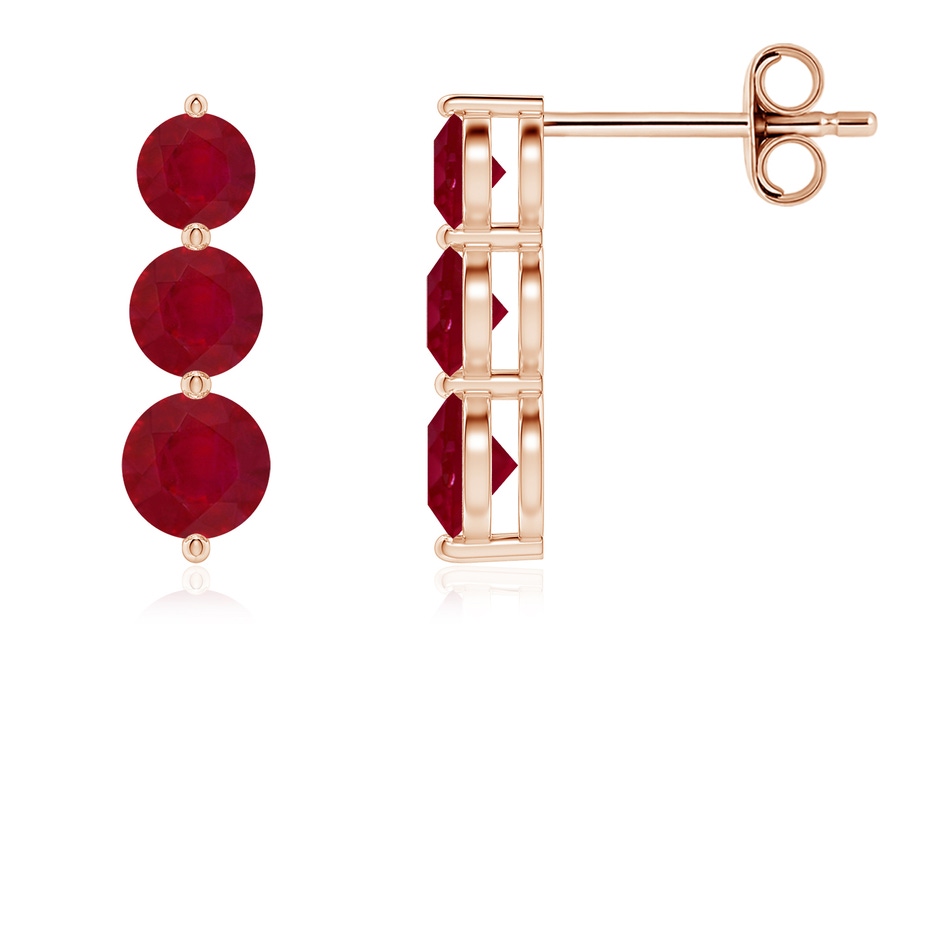 4mm AA Graduated Round Ruby Three Stone Earrings in Rose Gold 