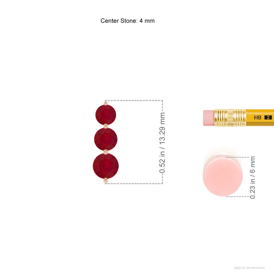 4mm AA Graduated Round Ruby Three Stone Earrings in Rose Gold ruler