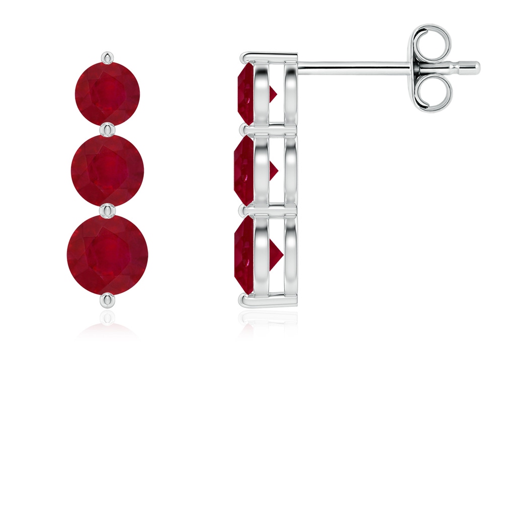 4mm AA Graduated Round Ruby Three Stone Earrings in White Gold