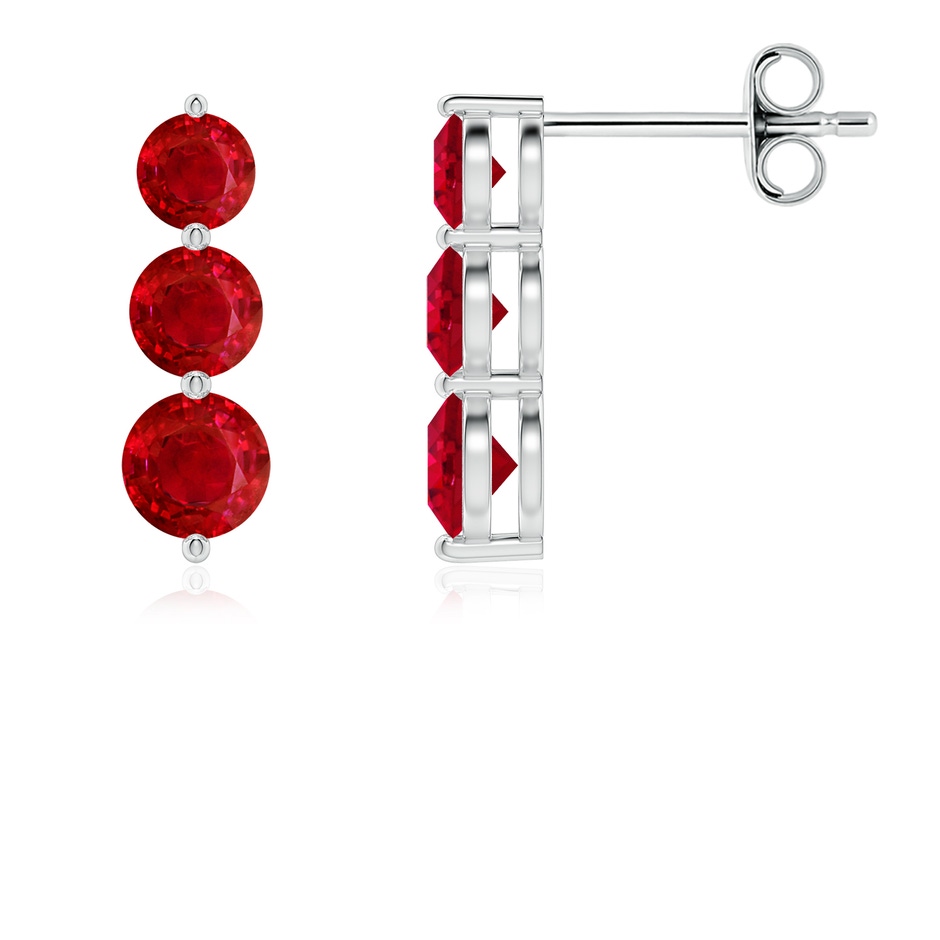 4mm AAA Graduated Round Ruby Three Stone Earrings in 18K White Gold 