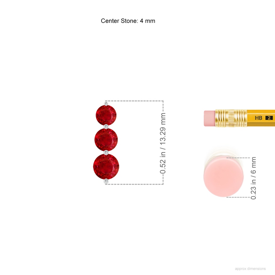 4mm AAA Graduated Round Ruby Three Stone Earrings in 18K White Gold ruler