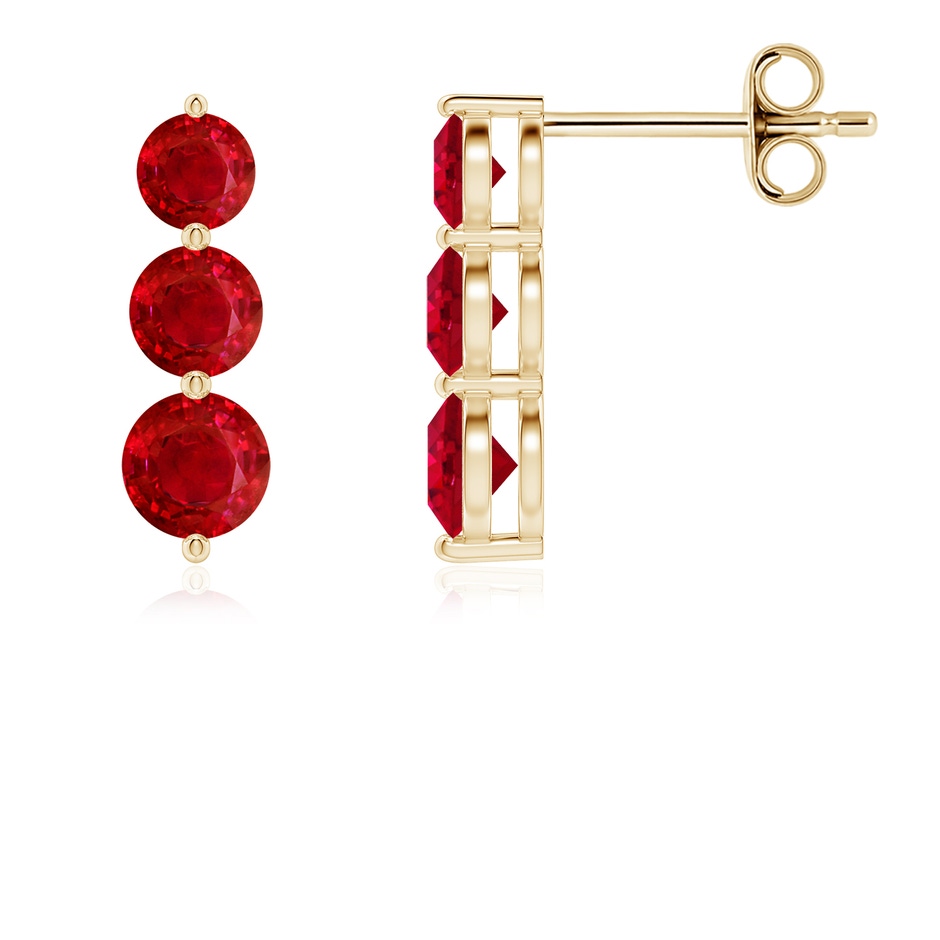4mm AAA Graduated Round Ruby Three Stone Earrings in Yellow Gold 