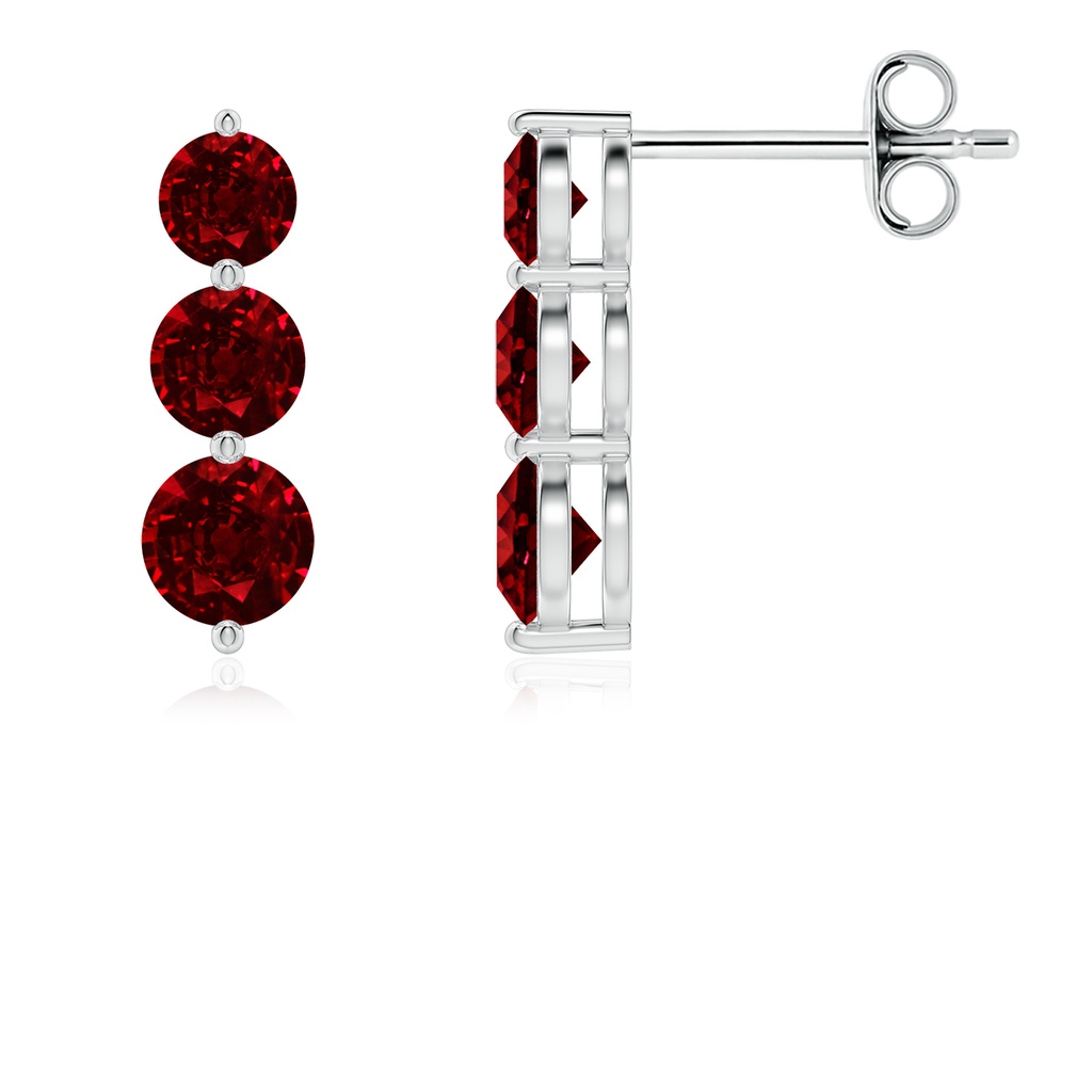 4mm AAAA Graduated Round Ruby Three Stone Earrings in P950 Platinum