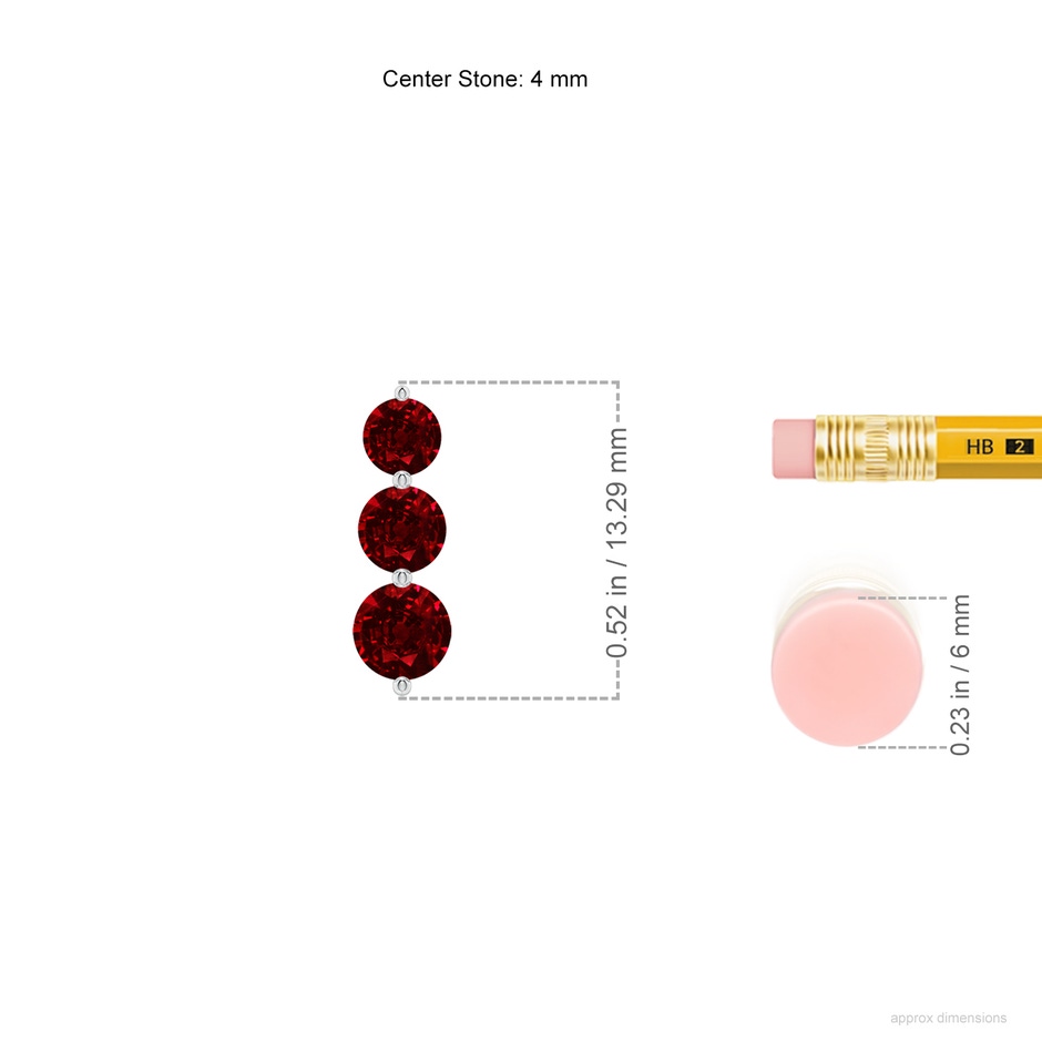 4mm AAAA Graduated Round Ruby Three Stone Earrings in P950 Platinum ruler