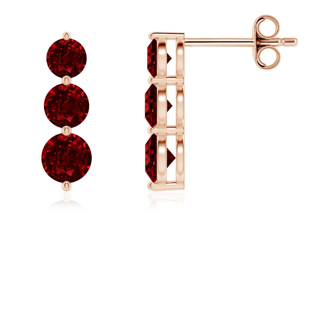 4mm AAAA Graduated Round Ruby Three Stone Earrings in Rose Gold