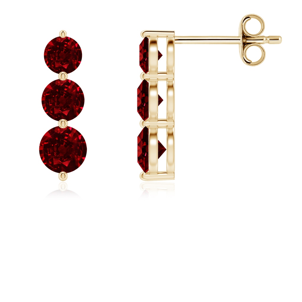 4mm AAAA Graduated Round Ruby Three Stone Earrings in Yellow Gold