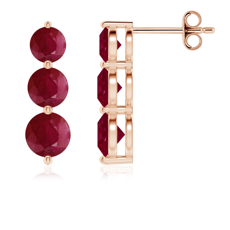 5mm A Graduated Round Ruby Three Stone Earrings in Rose Gold 