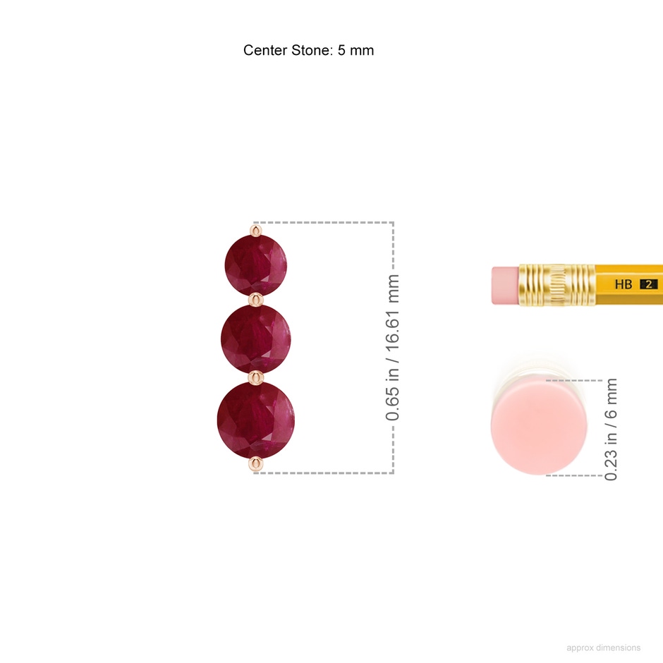 5mm A Graduated Round Ruby Three Stone Earrings in Rose Gold ruler