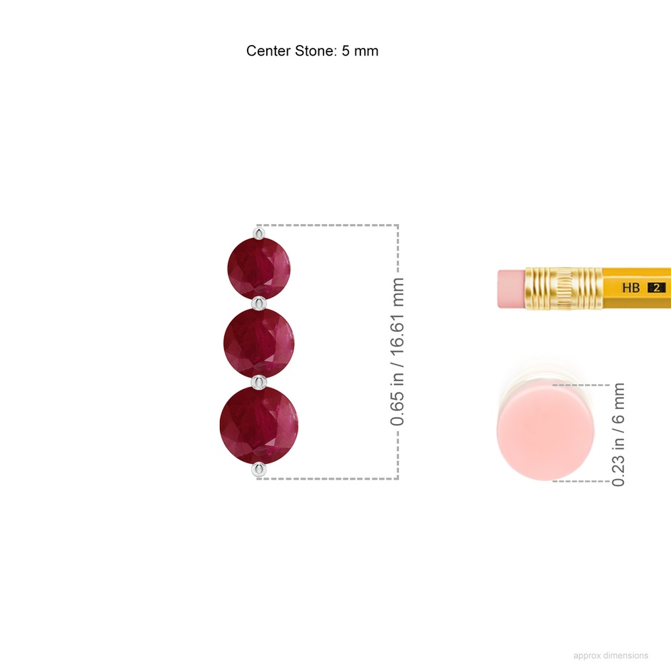 5mm A Graduated Round Ruby Three Stone Earrings in White Gold ruler