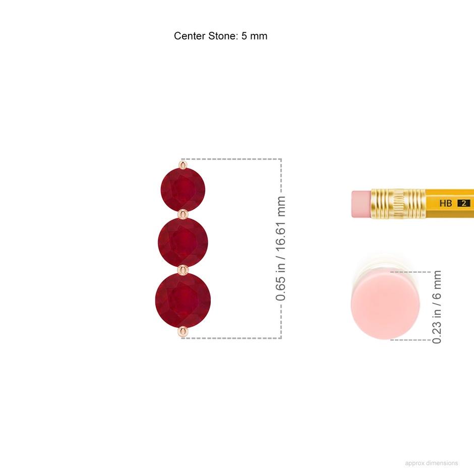 5mm AA Graduated Round Ruby Three Stone Earrings in Rose Gold ruler