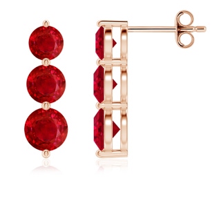 5mm AAA Graduated Round Ruby Three Stone Earrings in 10K Rose Gold