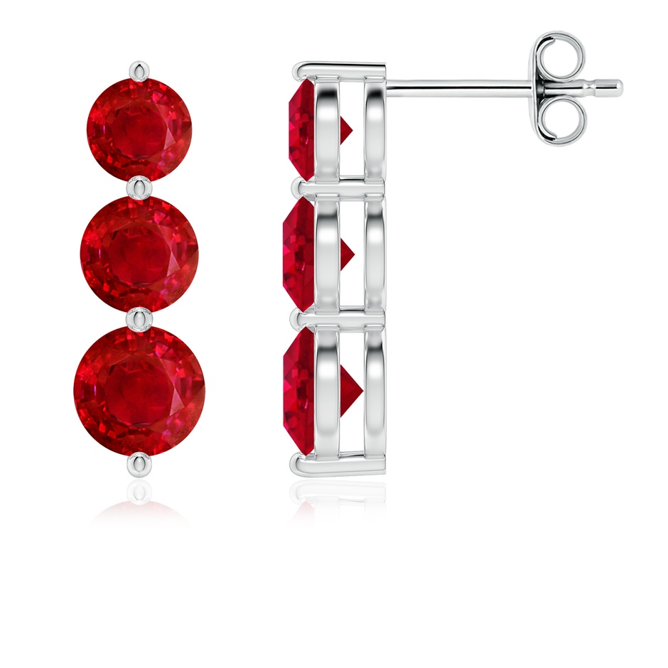 5mm AAA Graduated Round Ruby Three Stone Earrings in 18K White Gold 