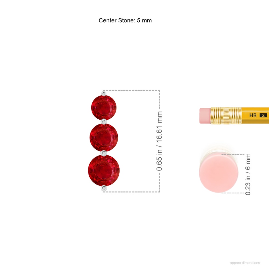 5mm AAA Graduated Round Ruby Three Stone Earrings in 18K White Gold ruler