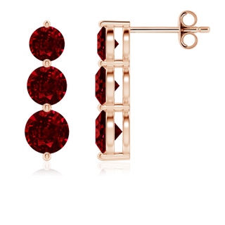 5mm AAAA Graduated Round Ruby Three Stone Earrings in Rose Gold