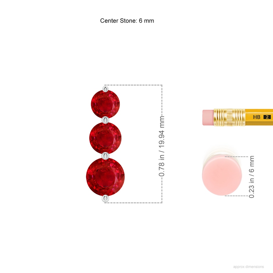 6mm AAA Graduated Round Ruby Three Stone Earrings in P950 Platinum ruler
