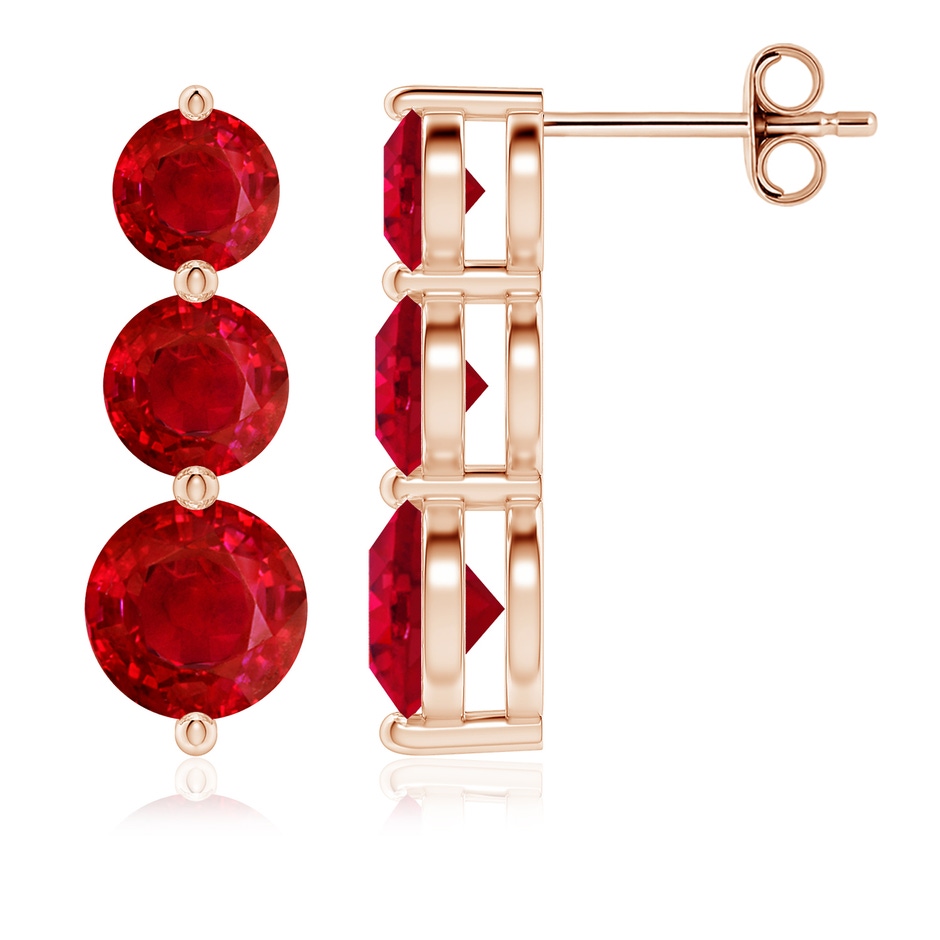 6mm AAA Graduated Round Ruby Three Stone Earrings in Rose Gold 