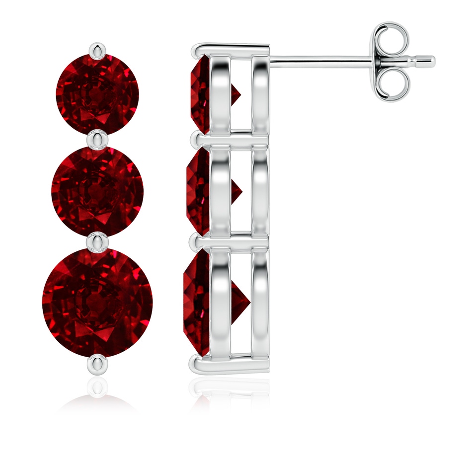 6mm AAAA Graduated Round Ruby Three Stone Earrings in P950 Platinum 