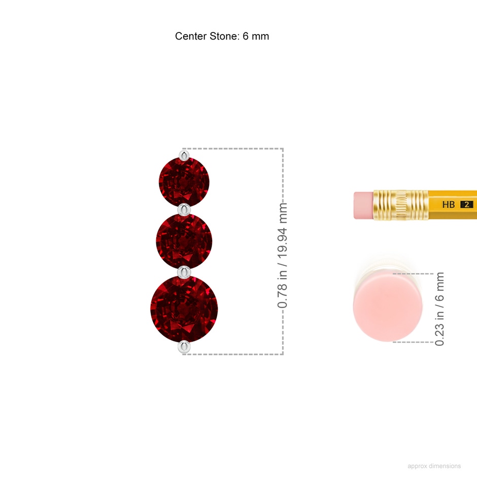 6mm AAAA Graduated Round Ruby Three Stone Earrings in P950 Platinum ruler