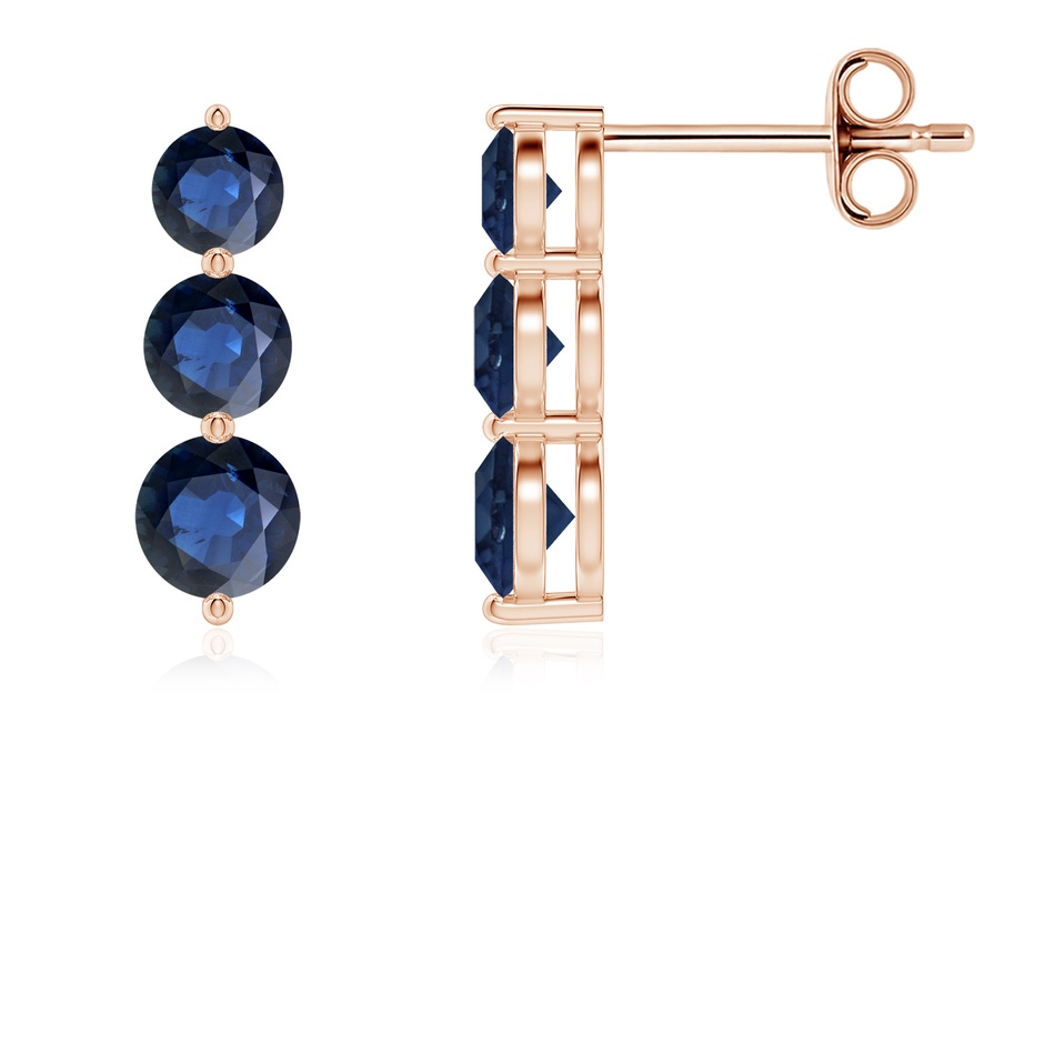 4mm AA Graduated Round Blue Sapphire Three Stone Earrings in Rose Gold 