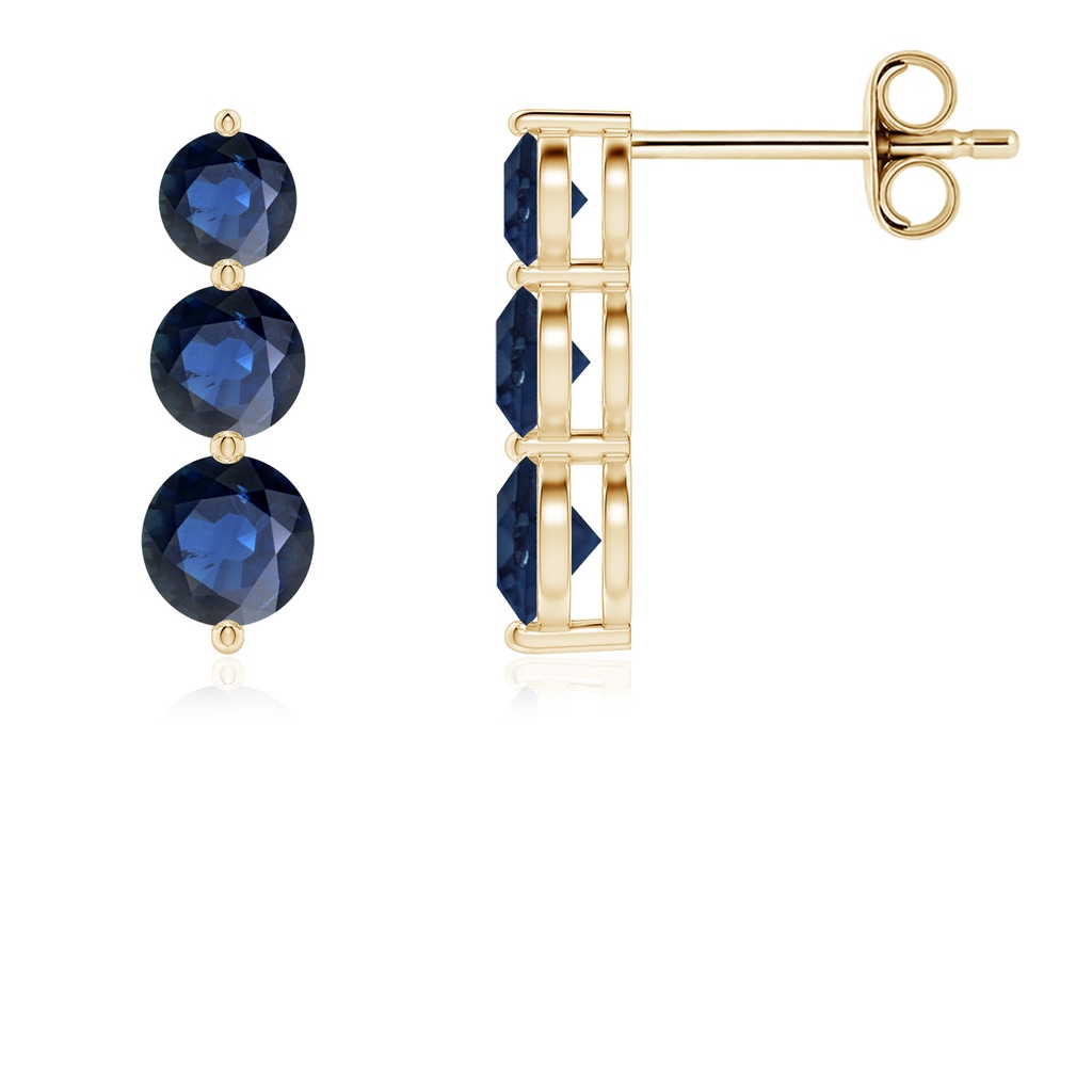 4mm AA Graduated Round Blue Sapphire Three Stone Earrings in Yellow Gold