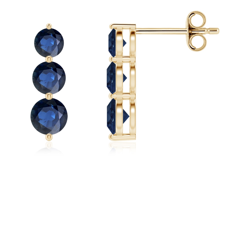 4mm AA Graduated Round Blue Sapphire Three Stone Earrings in Yellow Gold 